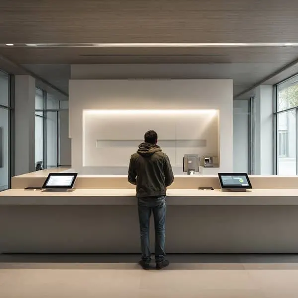 Un homme de dos, debout devant un comptoir moderne dans un bureau administratif, utilisant une borne numérique dans un espace lumineux et épuré.