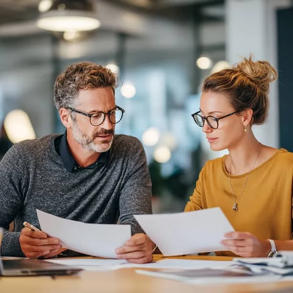 Manager et collaboratrice examinant ensemble des documents dans un bureau, illustrant une discussion professionnelle ou une révision de dossier.