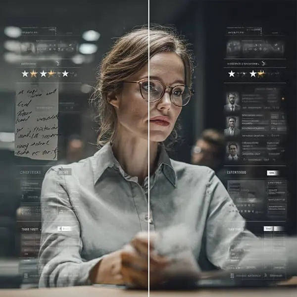 Image en split-screen montrant une recruteuse comparant deux modes d’évaluation : à gauche, une sélection “au feeling” avec des notes manuscrites et une appréciation subjective ; à droite, une analyse structurée basée sur des données et des tests cognitifs, illustrant la différence entre intuition et critères objectifs dans le recrutement.