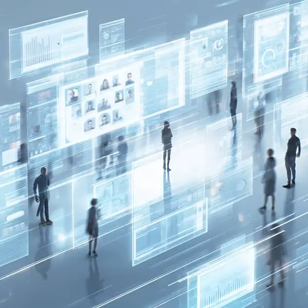 Des silhouettes de personnes évoluent dans un espace numérique entouré d’écrans holographiques affichant des profils de candidats, des graphiques et des données RH, illustrant le rôle central des logiciels ATS dans le recrutement moderne.