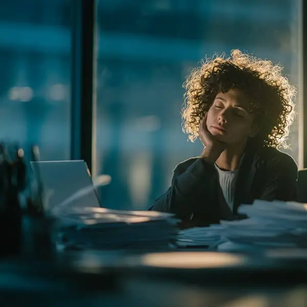 Salariée fatiguée assise à son bureau en fin de journée, la tête appuyée sur la main, entourée de piles de documents et d’un ordinateur portable, illustrant le manque de repos et l’absence de congés pris.