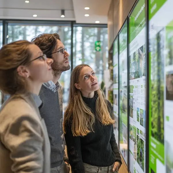 Trois collaborateurs observent un grand écran affichant des contenus sur la RSE et le développement durable dans un espace de travail moderne.