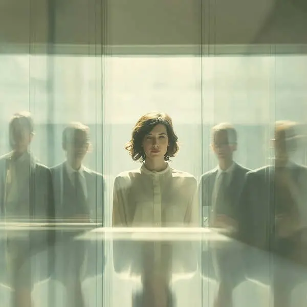 Femme d’affaires debout derrière une paroi de verre, entourée de collègues masculins flous en arrière-plan, symbolisant le plafond de verre et les inégalités salariales persistantes en entreprise.