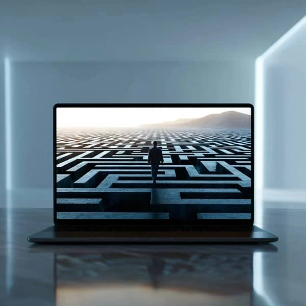 Ordinateur portable affichant l’image d’un labyrinthe avec une personne en son centre, symbolisant la complexité ou les défis du parcours professionnel.