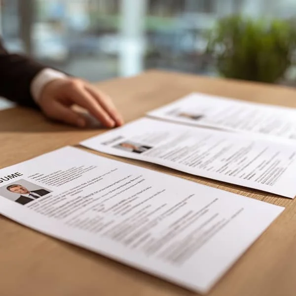 Main d’un recruteur consultant plusieurs CV posés sur un bureau, illustrant le processus de sélection de candidats.