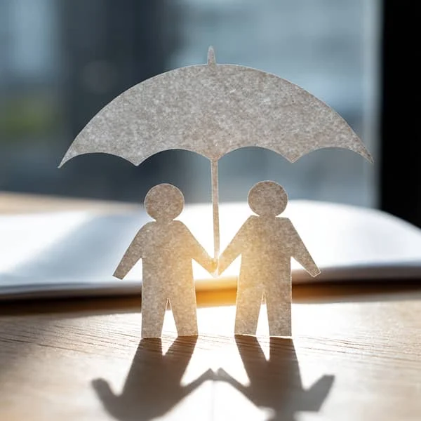 Deux silhouettes en papier se tenant sous un parapluie, symbolisant la protection sociale ou la solidarité au travail.