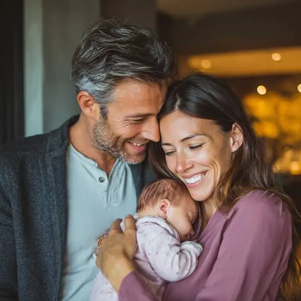 Un couple souriant tenant tendrement leur nouveau-né dans les bras, illustrant le congé de naissance et l’équilibre entre vie professionnelle et familiale.