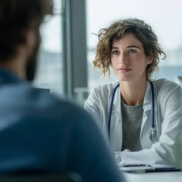 Médecin en blouse blanche discutant avec un patient dans un cabinet lumineux, illustrant la relation de confiance et les enjeux de santé liés aux affections longue durée (ALD).