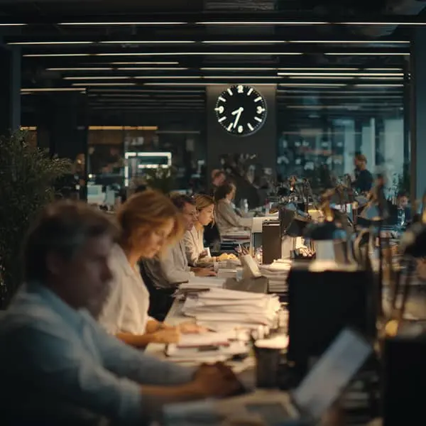 Open space de bureau en fin de journée, des salariés travaillent encore à leurs postes sous une grande horloge murale indiquant quelques minutes après 18 h, illustrant l’allongement du temps de travail au-delà des 35 heures.