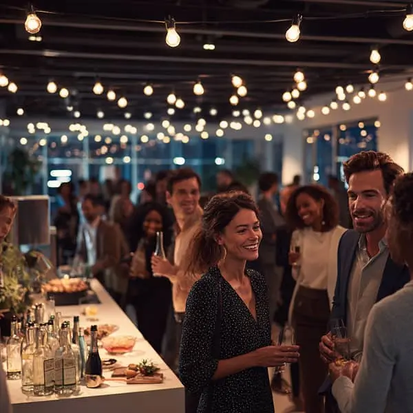 Fête d’entreprise en soirée dans un bureau moderne, avec guirlandes lumineuses, collègues qui discutent et buffet de boissons au premier plan, une femme souriante tenant un verre au centre.