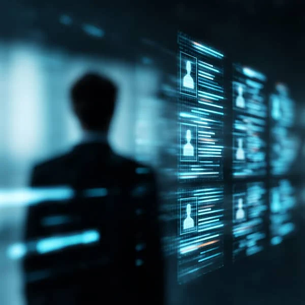 Silhouette d’un professionnel observant des profils numériques affichés sur un écran holographique, symbolisant le recrutement automatisé et les technologies RH.