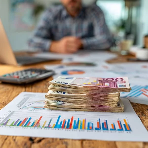 Liasses de billets en euros posées sur des graphiques financiers, illustrant l’analyse des salaires ou la gestion de la rémunération en entreprise.