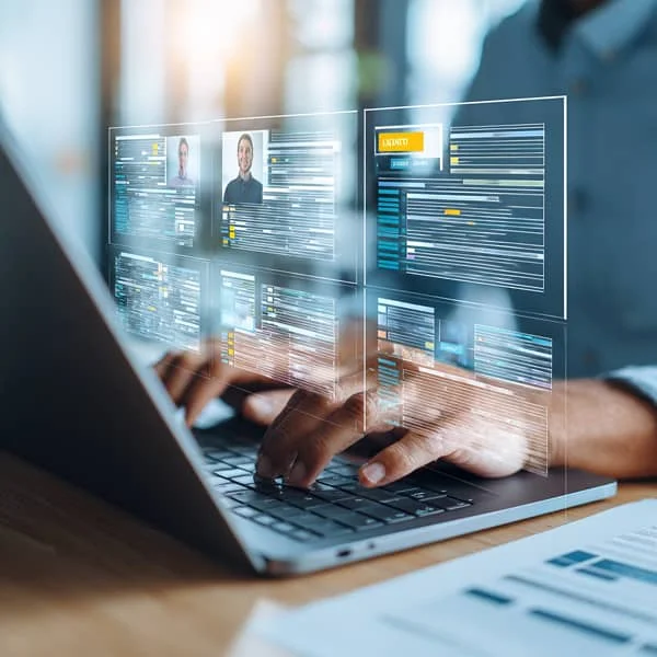 Recruteur travaillant sur un ordinateur portable avec une interface numérique affichant des profils de candidats, symbolisant le recrutement digital.
