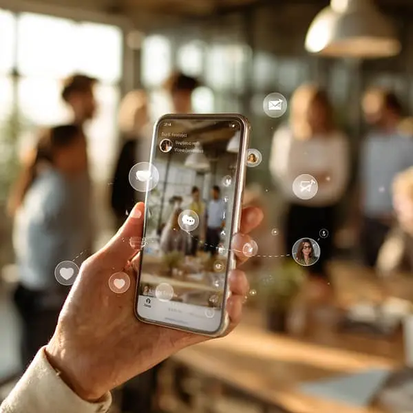 Main tenant un smartphone affichant un fil de réseau social, avec icônes de notifications en surimpression, devant un groupe de collègues flous dans un espace de coworking lumineux.