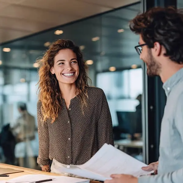 Une professionnelle RH souriante remet des documents à un nouveau salarié dans un bureau moderne et lumineux, illustrant la phase d’onboarding et la remise des documents obligatoires lors de l’embauche.