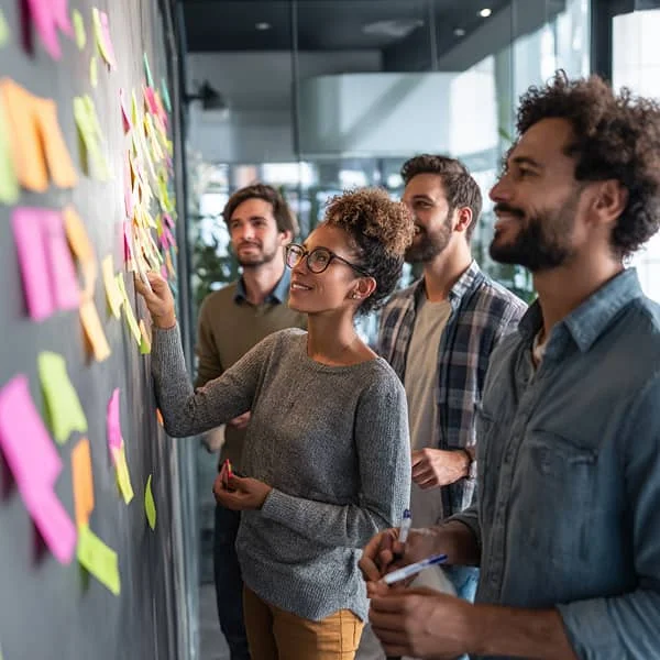 Équipe de collaborateurs en séance de brainstorming, plaçant des notes colorées sur un mur dans un bureau moderne et collaboratif.