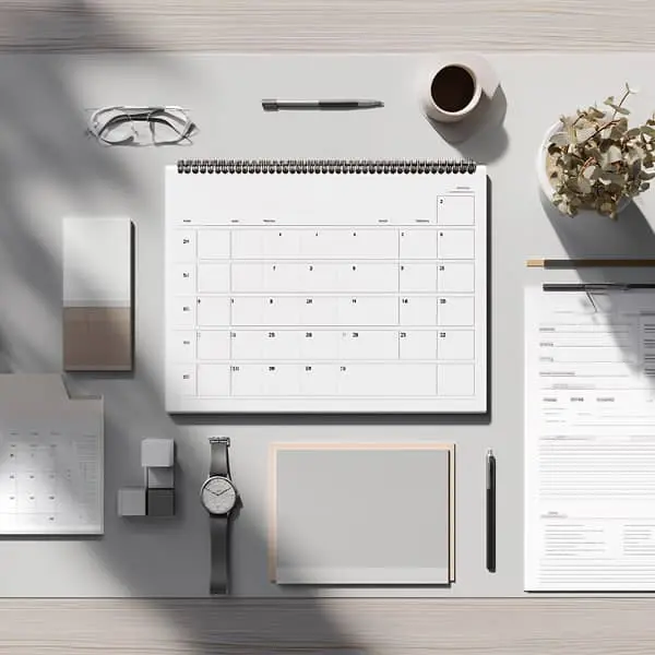 Vue de dessus d’un bureau organisé avec un calendrier, une montre, des documents administratifs et une tasse de café, symbolisant la planification et la gestion du temps au travail.