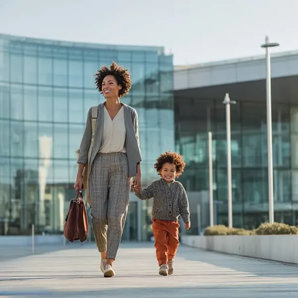 Femme active souriante quittant un immeuble de bureaux moderne en tenant la main de son enfant, illustrant l’équilibre entre vie professionnelle et vie personnelle.
