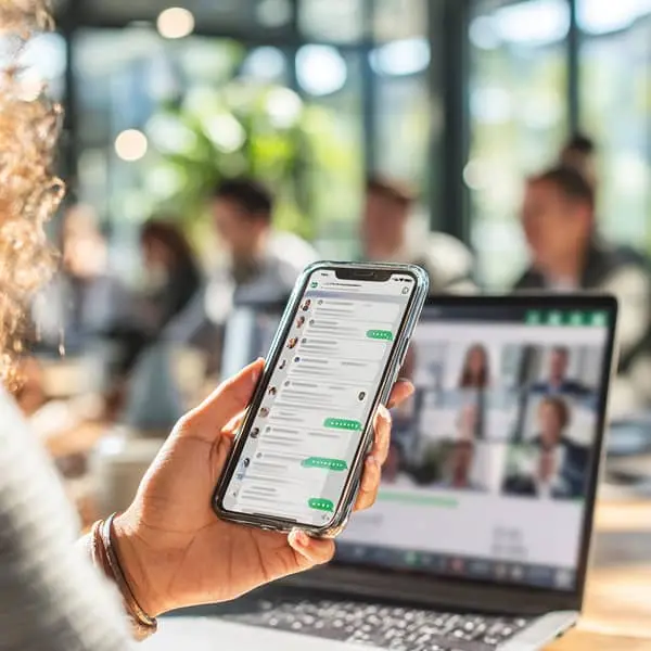 Main d’une recruteuse tenant un smartphone affichant une messagerie de candidats, devant un ordinateur portable avec visioconférence, dans un open space lumineux avec des collègues flous en arrière-plan.