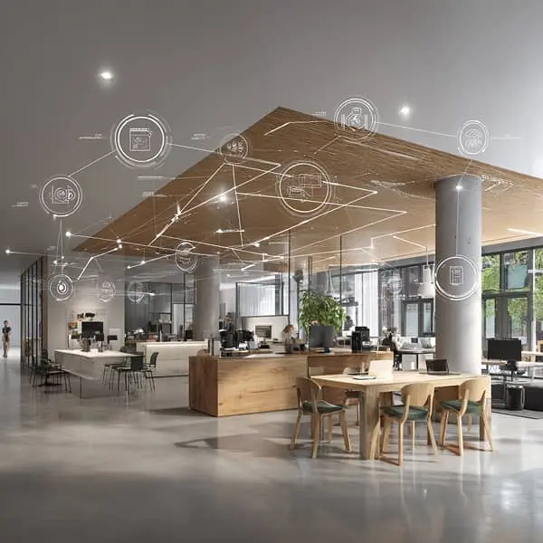 Open space moderne avec collaborateurs au travail et surimpression d’icônes numériques symbolisant une entreprise apprenante et connectée.