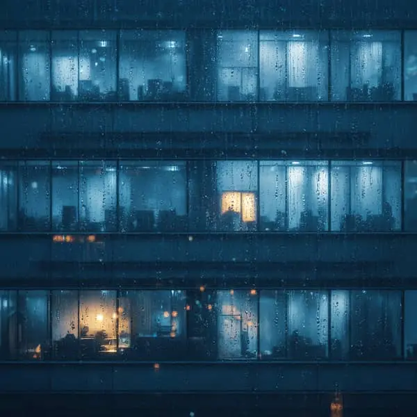 Façade d’un immeuble de bureaux sous la pluie en hiver, éclairée par une lumière bleutée, avec des silhouettes de salariés visibles derrière les vitres, créant une atmosphère froide et mélancolique.