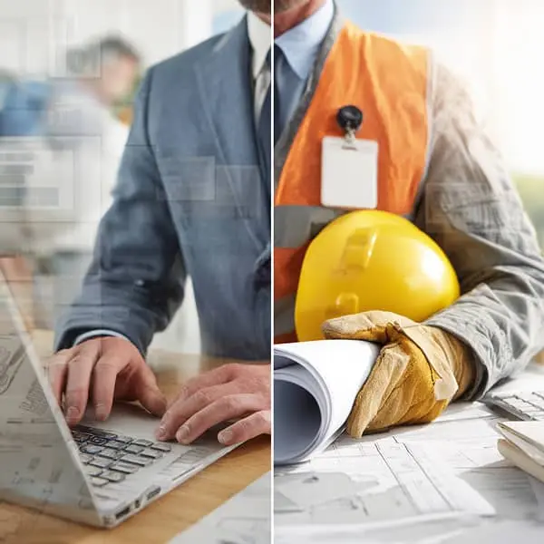Illustration de la reconversion professionnelle : un salarié en costume travaillant sur ordinateur, face à son futur métier sur un chantier avec casque de sécurité et plans techniques.