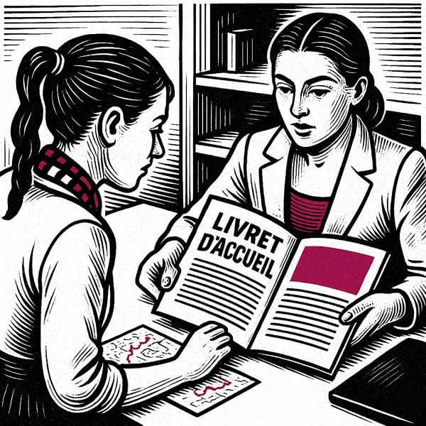 Illustration en style linogravure en noir, blanc et magenta représentant deux femmes assises à une table. L’une montre une carte tandis que l’autre lit un livret intitulé « LIVRET D’ACCUEIL ». La scène évoque une discussion professionnelle dans un cadre de bureau.