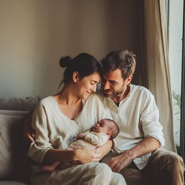 alt="Mère et père assis sur un canapé tenant leur nouveau-né dans une ambiance chaleureuse et familiale"