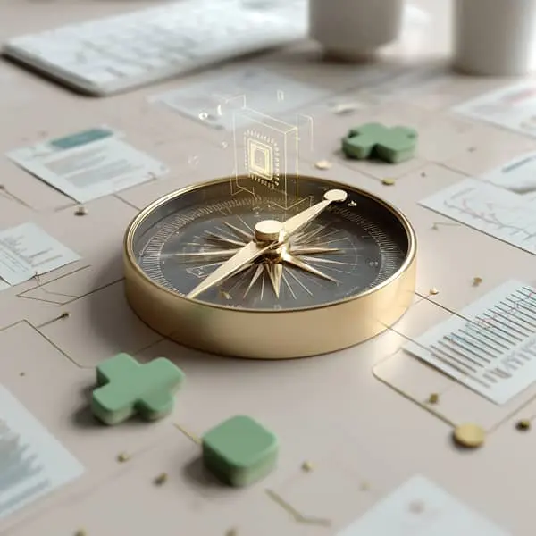 Boussole posée sur un bureau symbolisant l’orientation des compétences vers l’IA, la transition écologique et la santé