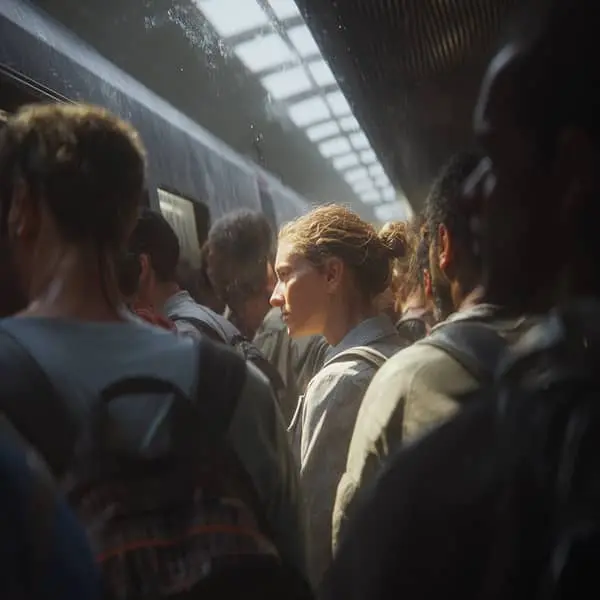 Usagers debout dans une rame de métro bondée aux heures de pointe, visages fatigués et concentrés, illustrant le retour contraint au bureau après le télétravail.