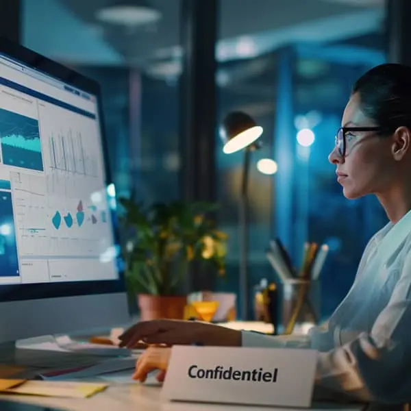 Responsable RH travaillant sur un outil d’analyse IA avec un document confidentiel posé sur le bureau