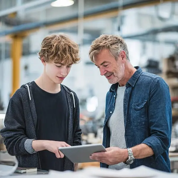 Un apprenti et son tuteur échangent autour d’une tablette dans un atelier, illustrant la transmission de compétences en alternance.