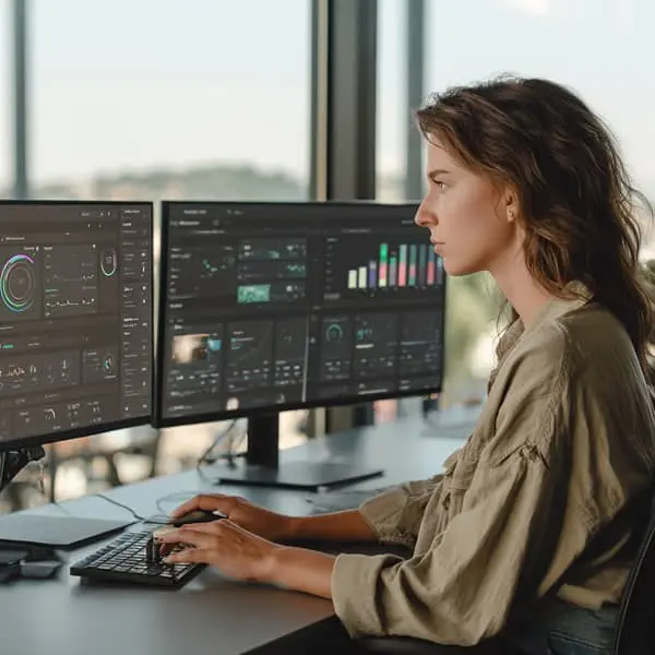 Responsable paie analysant des tableaux de bord numériques et indicateurs de performance sur plusieurs écrans, illustrant l’intégration de l’intelligence artificielle dans la gestion de la paie RH.