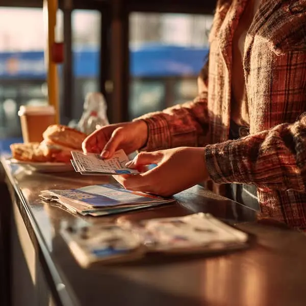Salarié utilisant des titres-restaurant au comptoir d’un café, illustrant les avantages salariés du quotidien comme levier de fidélisation.