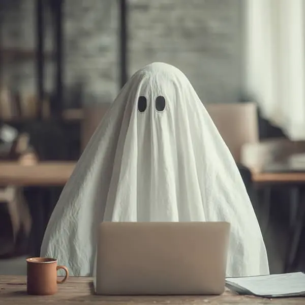 Personne déguisée en fantôme avec un drap blanc, assise devant un ordinateur portable dans un bureau, illustration des ghost jobs et des offres d’emploi fantômes
