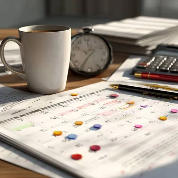 Calendrier de bureau posé sur un bureau avec des marqueurs colorés, une tasse, une horloge, une calculatrice et des documents administratifs