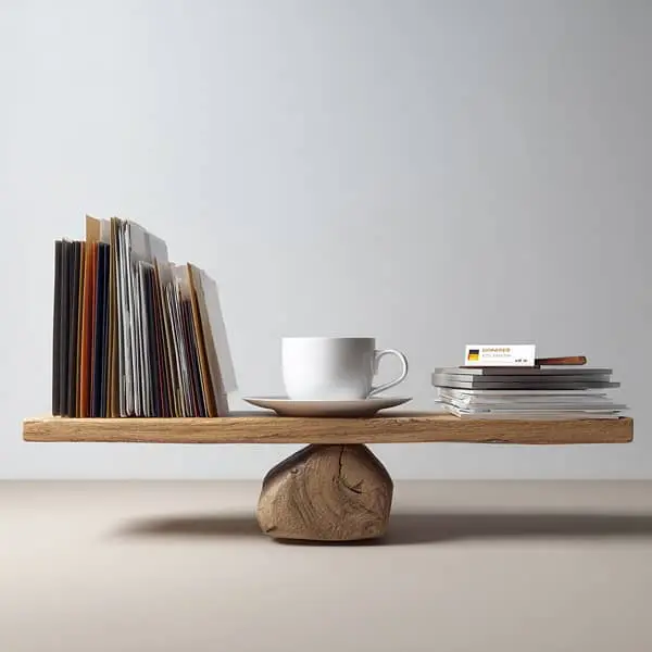 Métaphore visuelle de l’équilibre entre charge de travail et formation des salariés : dossiers professionnels et supports de formation équilibrés sur une planche avec une tasse de café au centre