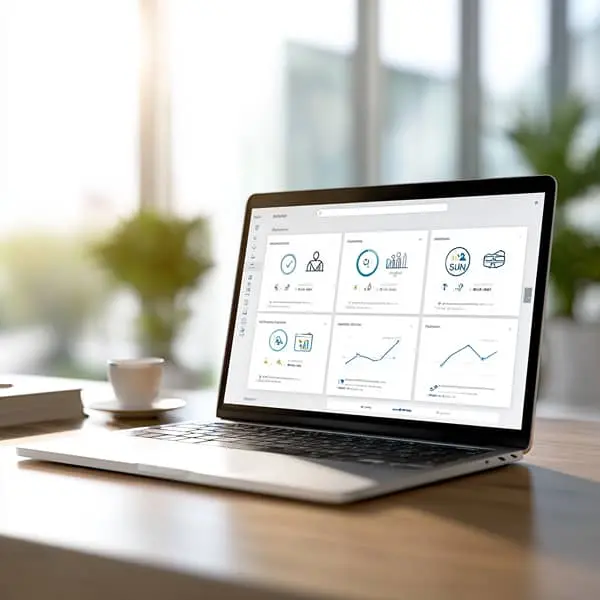 Dashboard de KPIs de Recursos Humanos en un portátil, con indicadores de rendimiento, reclutamiento y productividad