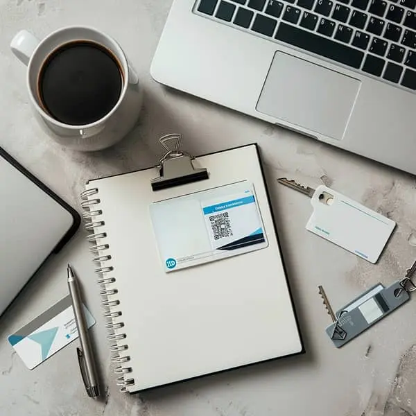 Kit de bienvenue pour un nouvel employé avec carnet, badge professionnel, clés et ordinateur portable sur un bureau