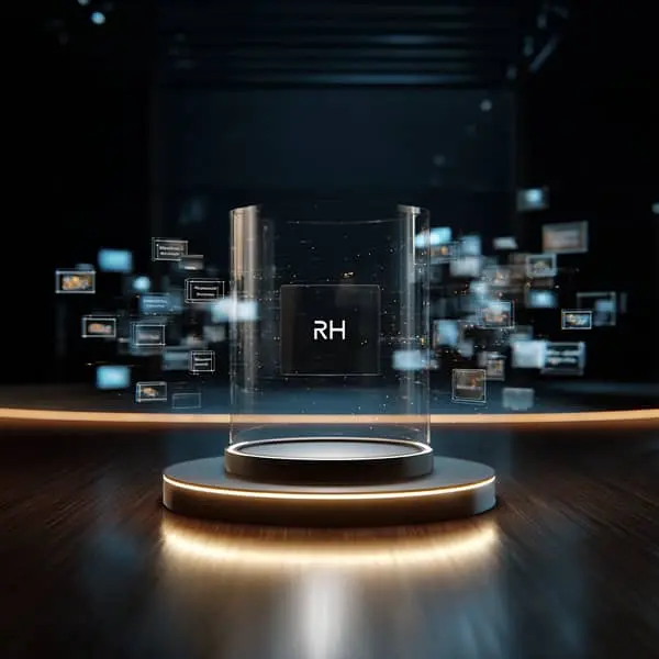 Illustration symbolique et technologique des outils RH : plateforme centrale Ressources Humaines entourée de modules digitaux représentant le recrutement, la paie, la performance, la formation et l’IA RH