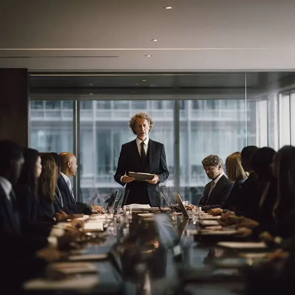 DRH 2026 incarné en chef d’orchestre dirigeant une réunion stratégique, symbolisant l’alignement des compétences, de la performance et de la dimension humaine en entreprise.