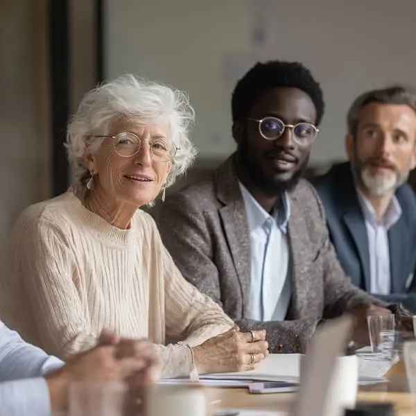 Équipe intergénérationnelle et multiculturelle en réunion, illustrant la diversité et la collaboration au sein d’un environnement professionnel.