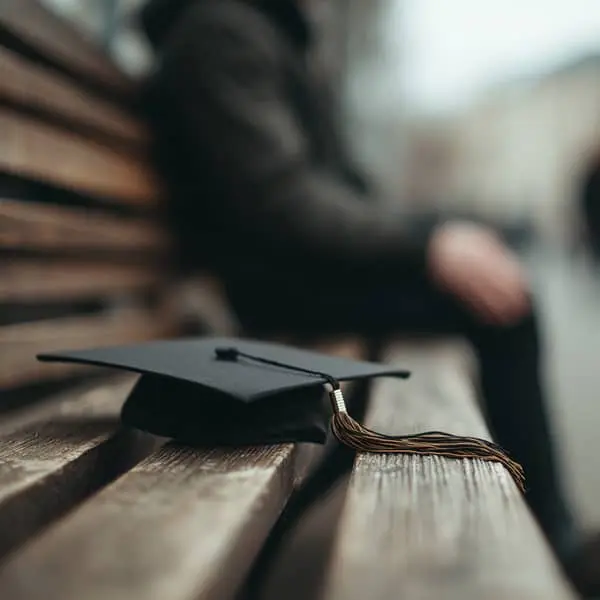 "Chapeau de diplômé posé sur un banc en bois, avec la main d’un jeune diplômé visible en arrière-plan, dans une ambiance urbaine et contemplative"