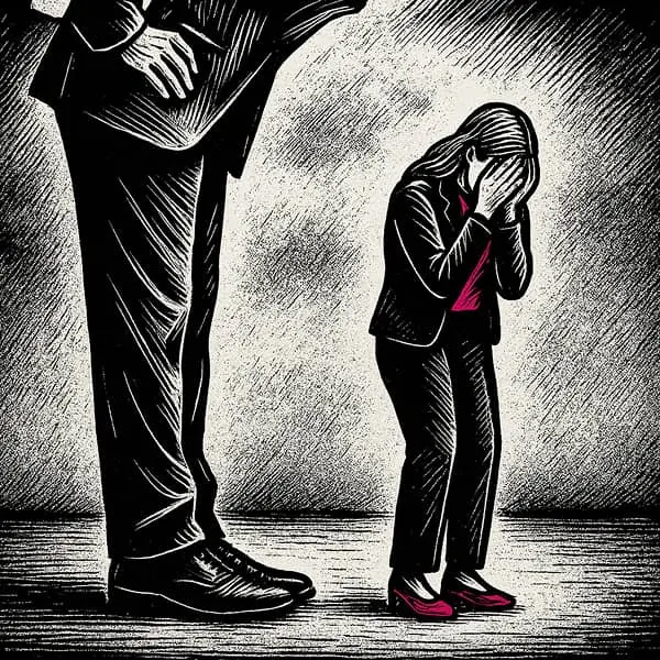 Illustration en noir et blanc style gravure montrant un manager dominant une employée en détresse, symbolisant le harcèlement au travail. Détails en magenta.