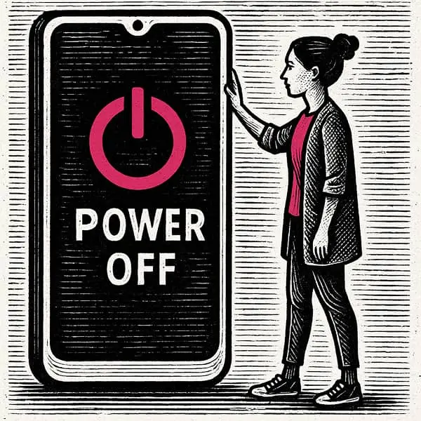 Illustration en style linogravure noir et blanc, montrant une femme de profil appuyant sur le bouton "Power Off" d’un grand smartphone, avec des accents magenta sur le symbole d’alimentation et ses vêtements.