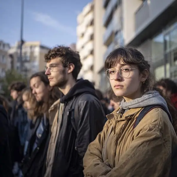 Jeunes adultes faisant la queue devant un bâtiment administratif en ville, illustrant le chômage des jeunes.