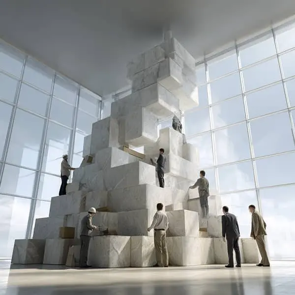 Equipo de colaboradores construyendo una estructura monumental de bloques de piedra en un espacio moderno y luminoso, simbolizando la construcción colectiva de los valores de la empresa.