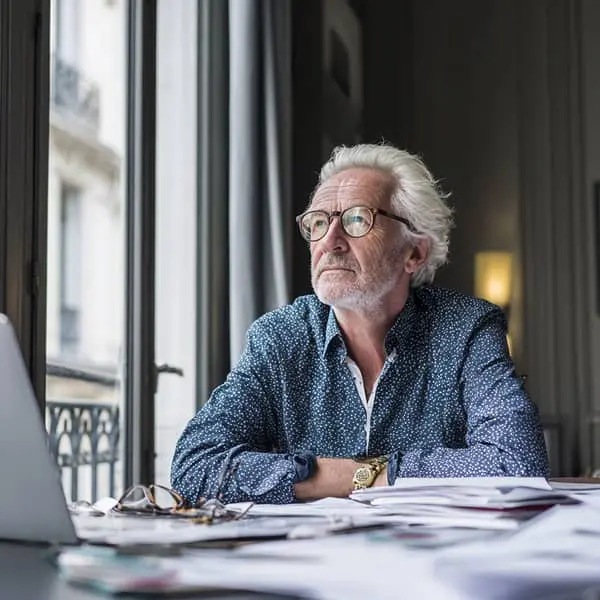 Senior d’environ 65 ans assis à son bureau devant un ordinateur et des documents administratifs, regardant par la fenêtre, ambiance réflexion sur le cumul emploi-retraite.