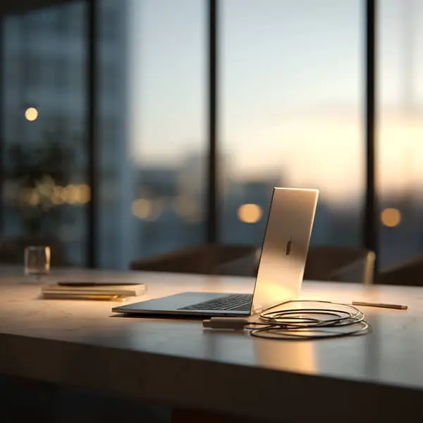 Ordinateur portable posé sur un bureau au coucher du soleil avec câble d’alimentation débranché, symbolisant le droit à la déconnexion et la séparation entre travail et vie personnelle.