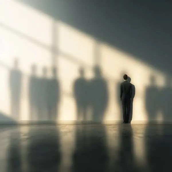 Employé debout face à un mur lumineux tandis que plusieurs ombres projetées derrière lui symbolisent la pression et le harcèlement au travail dans un environnement professionnel.